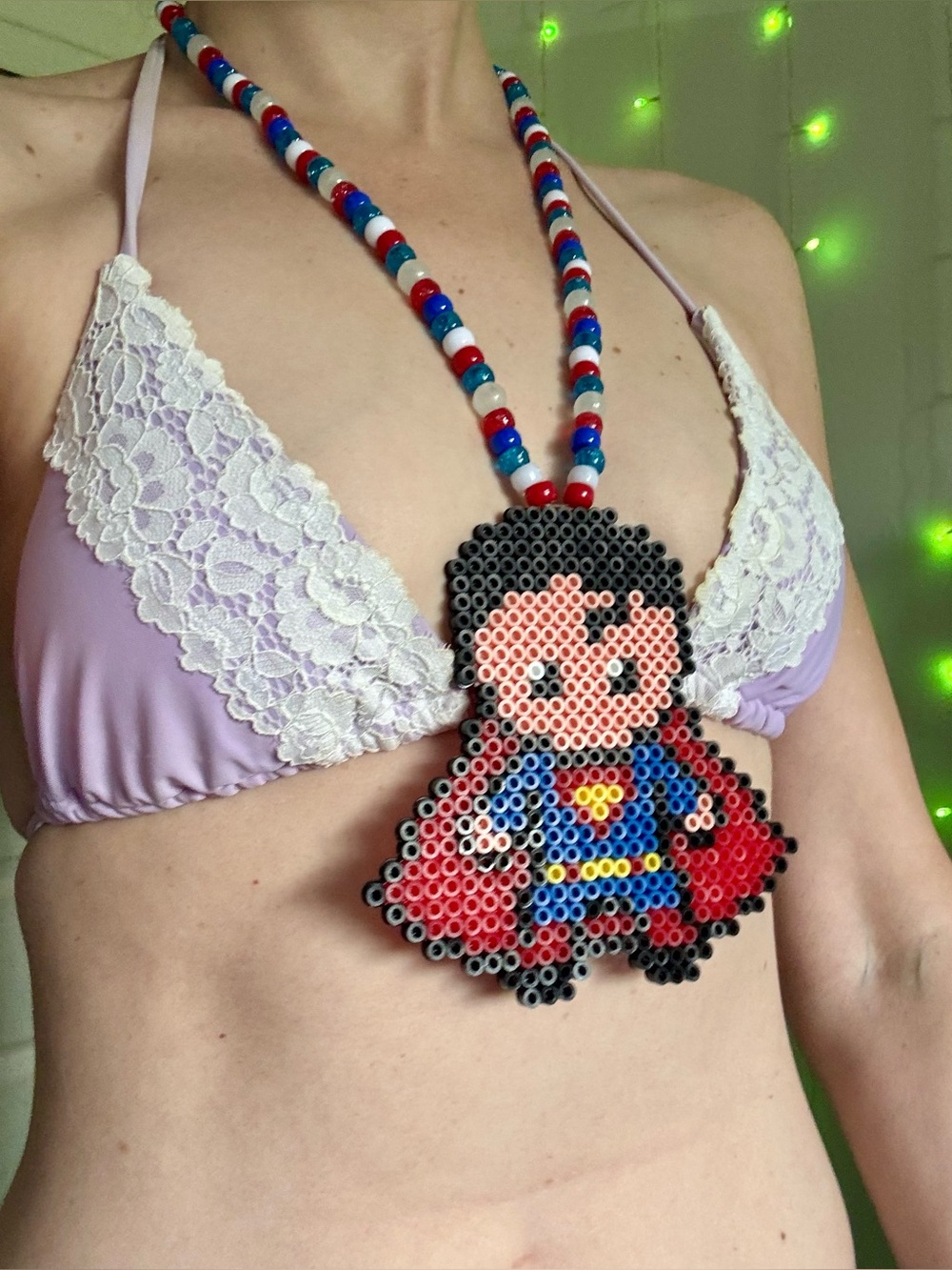 Handmade Kandi Necklace – Superman Logo Charm | Blue & Red Beaded Rave Festival